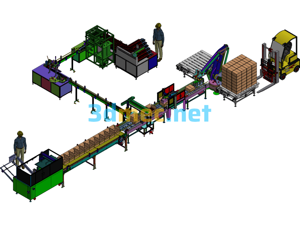 Automatic Bottle Arrangement, Acid Filling, Automatic Sealing, Automatic Labeling, Automatic Carton Folding, Sealing, Automatic Carton Handling And Palletizing Production Line - 3D Model Exported Free Download