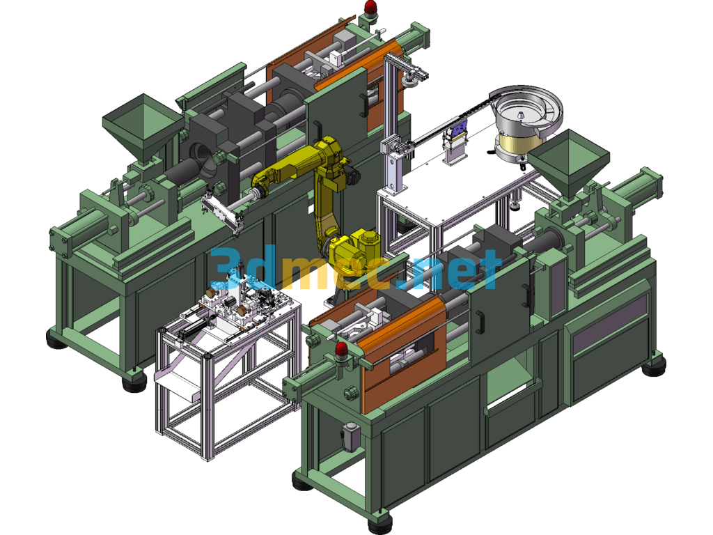 Injection Molded Parts Robot Automatic Embedded Parts, Pick-Up, Deburring System Equipment - 3D Model SolidWorks Free Download