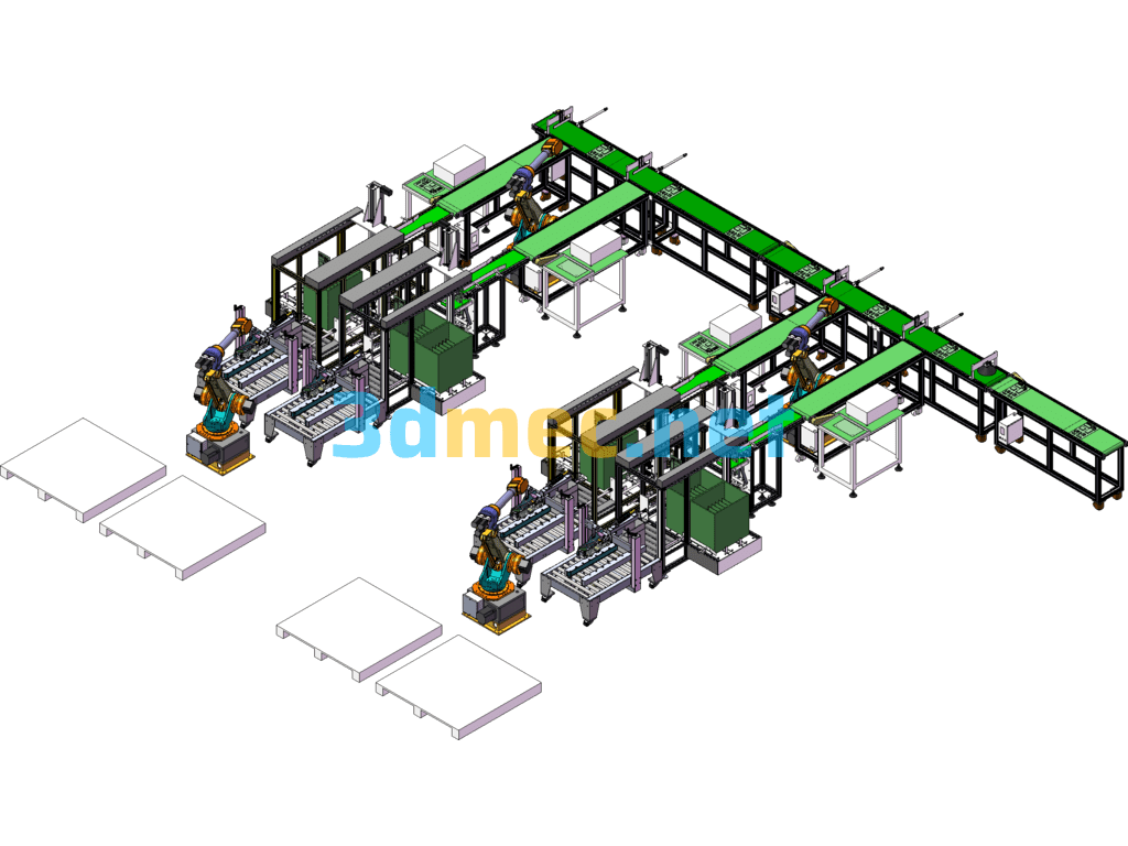 Automatic Packaging Line - Packaging, Sorting And Stacking Equipment Line - 3D Model SolidWorks Free Download