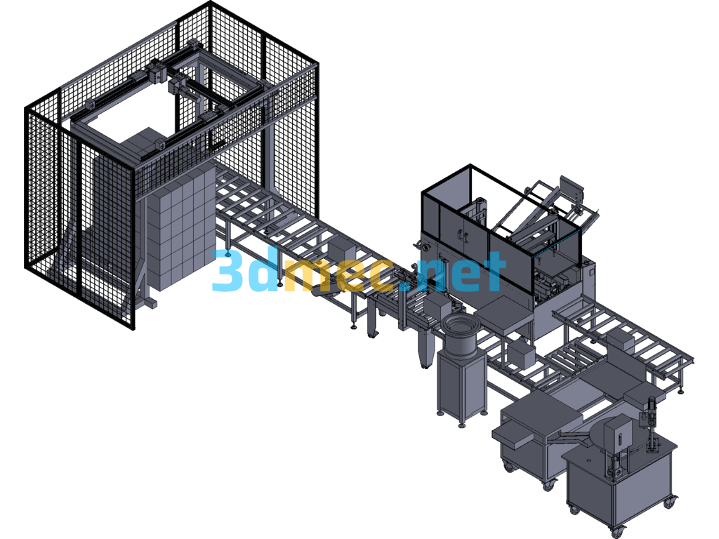 Filling Automatic Unpacking, Sealing, Packing, Nozzle Placing And Palletizing Production Line - 3D Model Exported Free Download