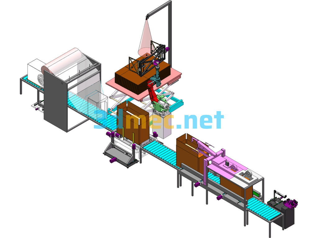 Integrated Packaging Line For Box Packing, Sealing And Labeling - 3D Model SolidWorks Free Download