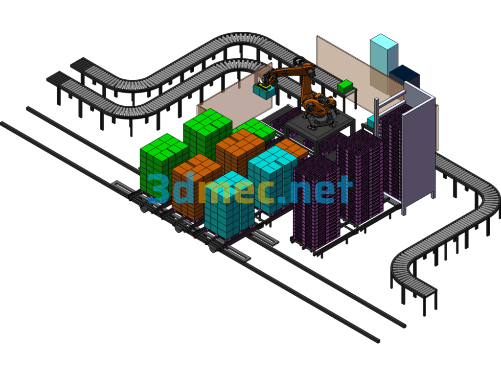 Food Production Line Robot Packaging And Palletizing Solution - 3D Model SolidWorks Free Download