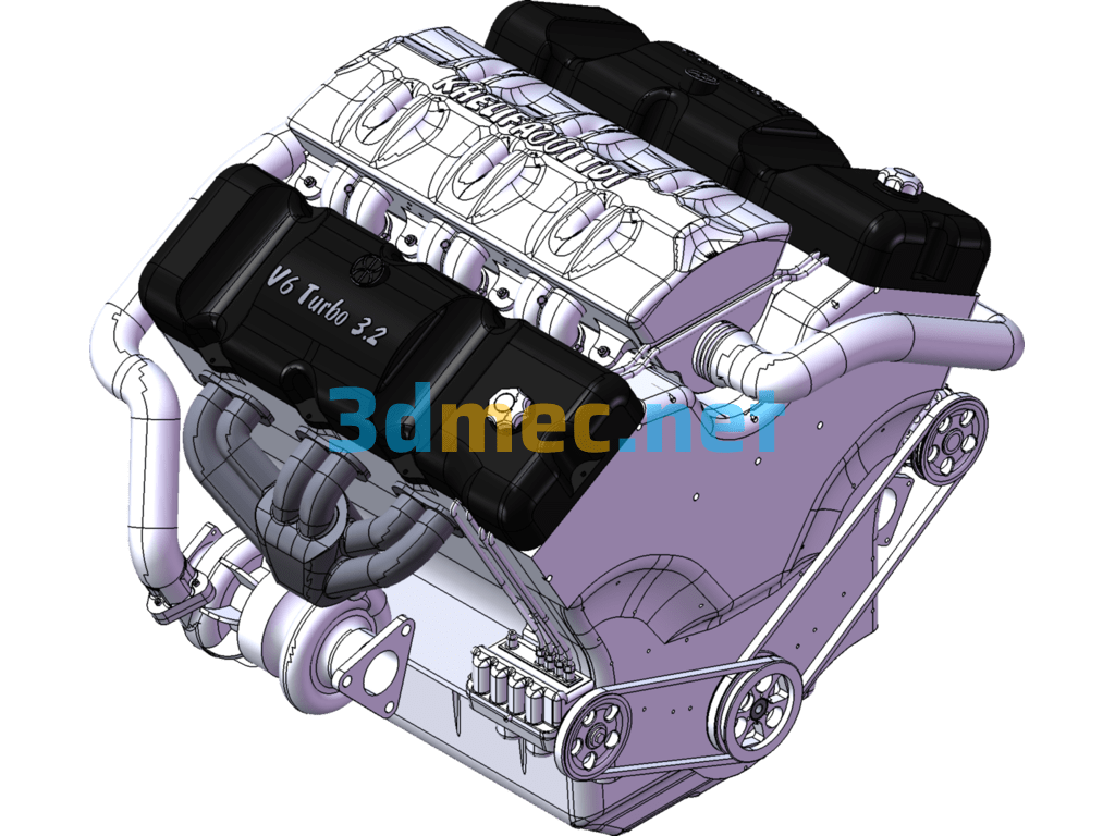 3.2T Twin-Turbocharged V6 Direct Injection Engine - 3D Model SolidWorks Free Download